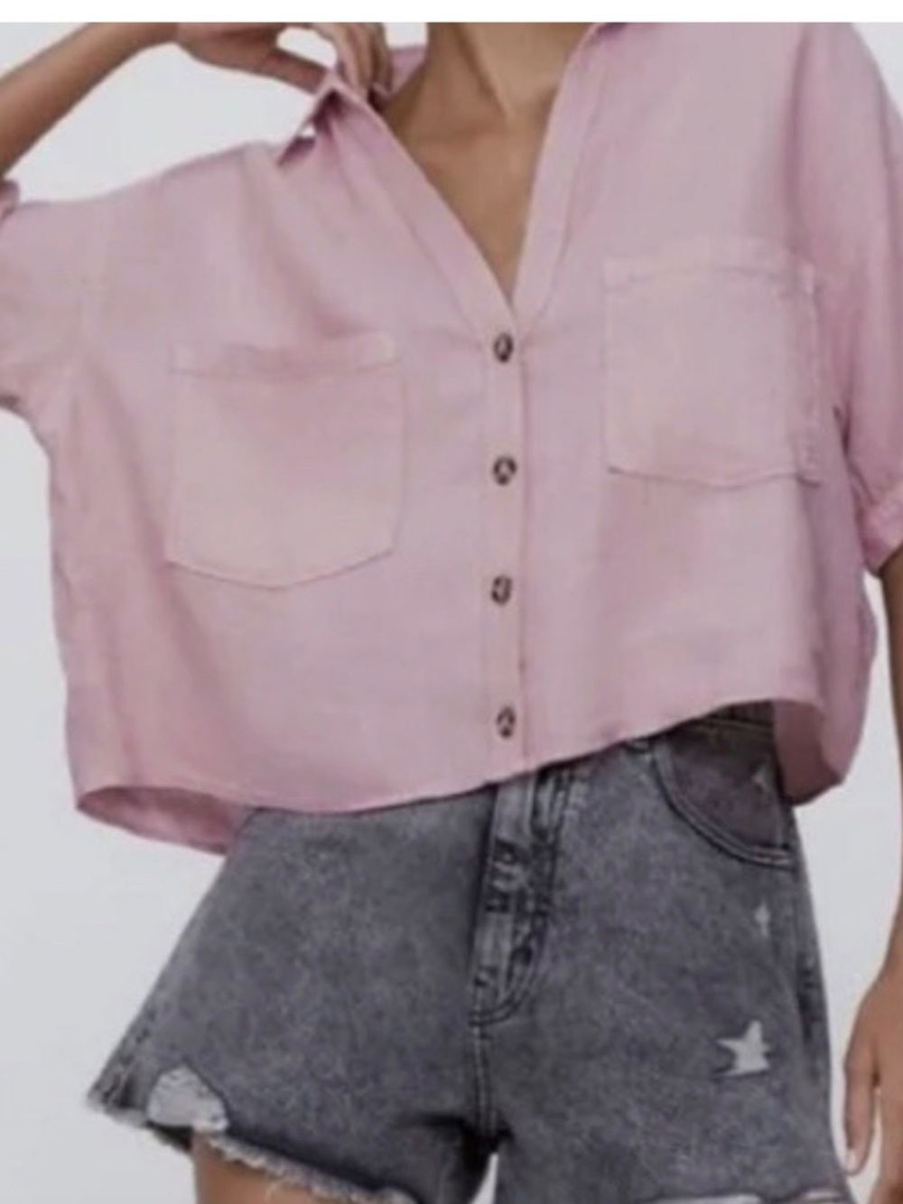 NWT Zara Cropped Linen Blend Shirt Light Pastel Pink Short Sleeve Blouse Size S